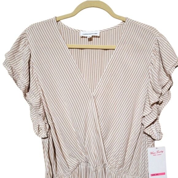 Lucky Brand Tiered Wrap Front Flutter Sleeve Midi Dress Plus XXL Latte Romantic - Picture 9 of 9